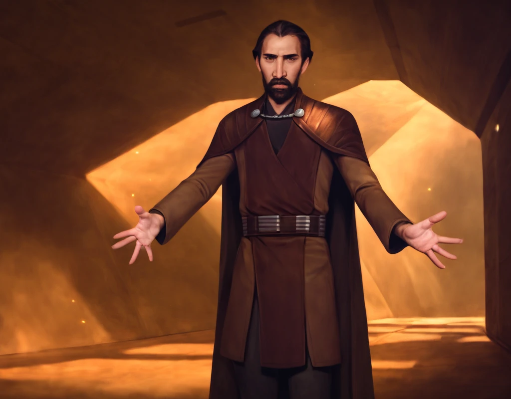 1440p, 8k UHD, intricate detail, hires, score_9, score_8_up, score_7_up, score_6_up, score_5_up, score_4_up,  photorealistic, realistic, corridor interior scenery,  battle, solo, Younger-Dooku, beard, mustache, 1boy, Star Wars, science fiction,  realistic, dust, window, outstretched arms,  cape   <lora:KaminoSW_V1:.5> <lora:Younger_Count_Dooku:1> perfect hands