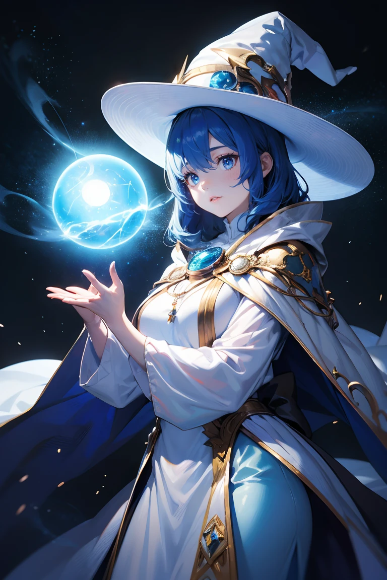 ERD,Renna with blue skin blue hair wearing a large white witch hat standing,holding a glowing blue magic energy orb in her hands,dark background,particle effects,highly detailed,ultra-high resolutions,32K UHD,best quality,masterpiece,