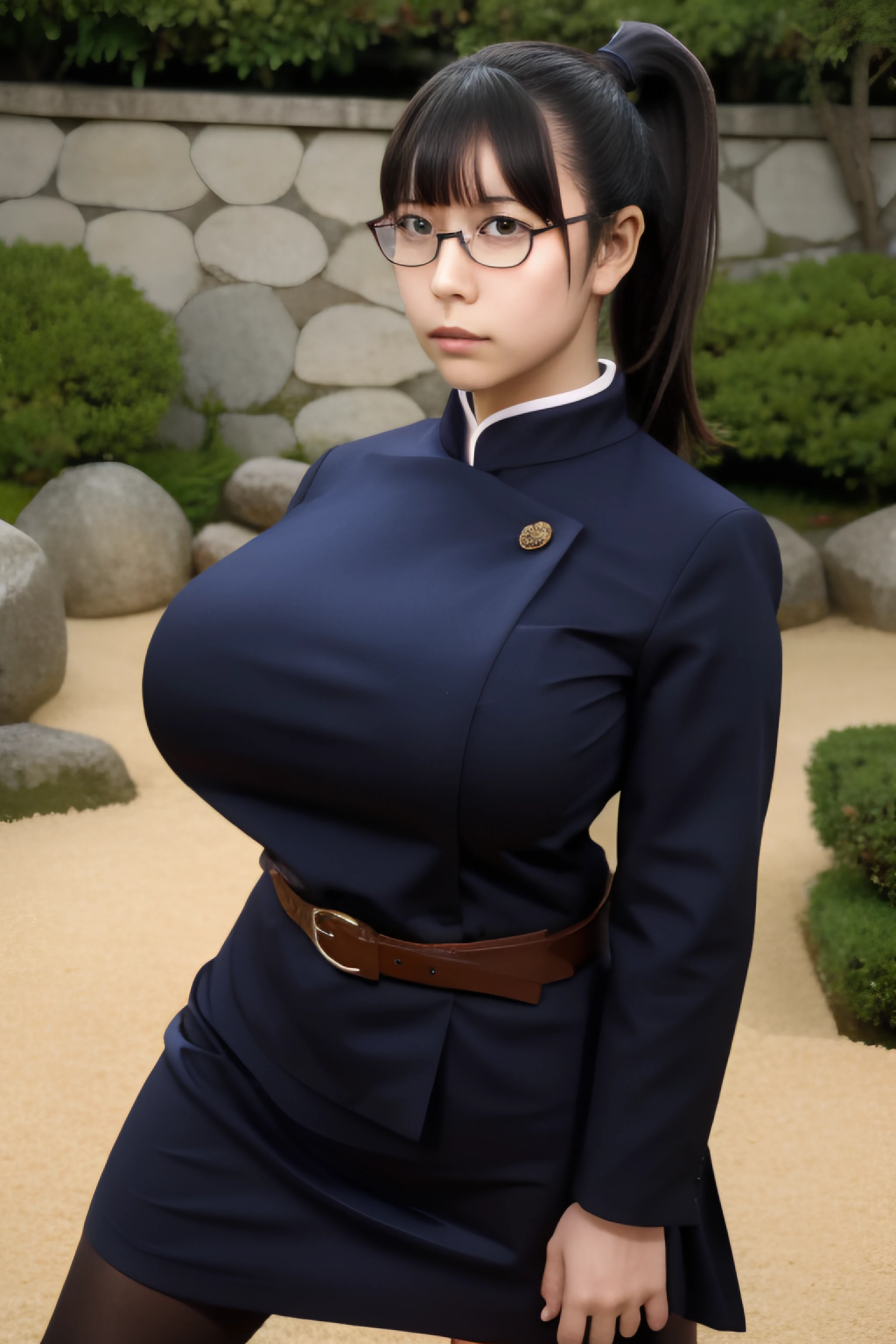 first person perspective,sharp focus,face focus,masterpiece,detailed texture,cinematic angle,
1girl,maki,
(gigantic breasts:1.3),
school uniform,short skirt,pantyhose,belt,
dark hair,high ponytail,blunt bangs,
glasses,
looking at viewer,serious face,
fighting stance,
japanese village,garden,
 <lora:åè¡è¿´æ°_ç¦ªé¢çå¸:1>