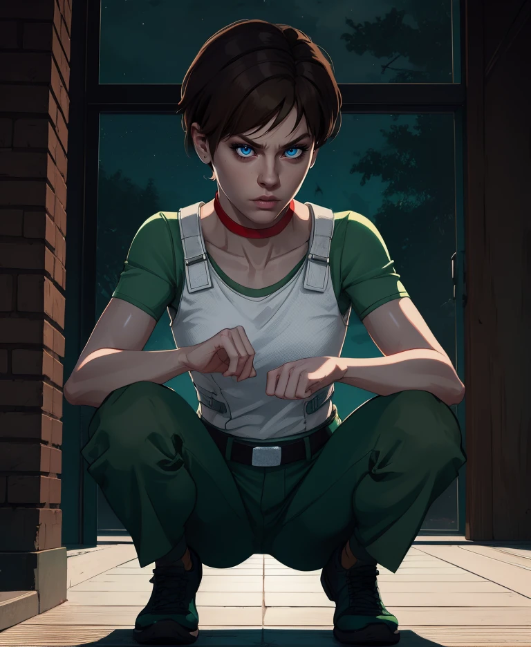 rebbecca,blue eyes,brown hair,short hair,
green shirt,white vest,belt,short sleeves,red choker,green pants,
night,town,indoors,evening,crouching,serious,
(insanely detailed,  masterpiece, best quality),solo,<lora:Rebbeccachambers:0.9>,