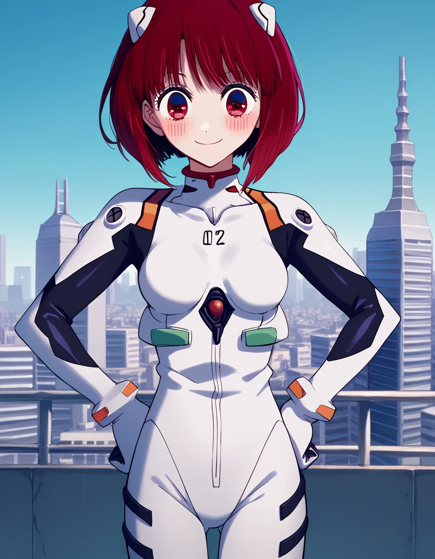 score_9, score_8_up, score_7_up, source_anime, kanaarima, <lora:kana-arima-s1-ponyxl-lora-nochekaiser:1>, kana arima, short hair, bangs, red eyes, red hair, bob cut,, <lora:rei-ayanami-cosplay-ponyxl-lora-nochekaiser:1>, reiayanamicosplay, ayanami rei \(cosplay\), bodysuit, headgear, plugsuit, white bodysuit,, outdoors, cityscape, smile, blush, hands on hips,, cowboy shot, dutch angle, solo,