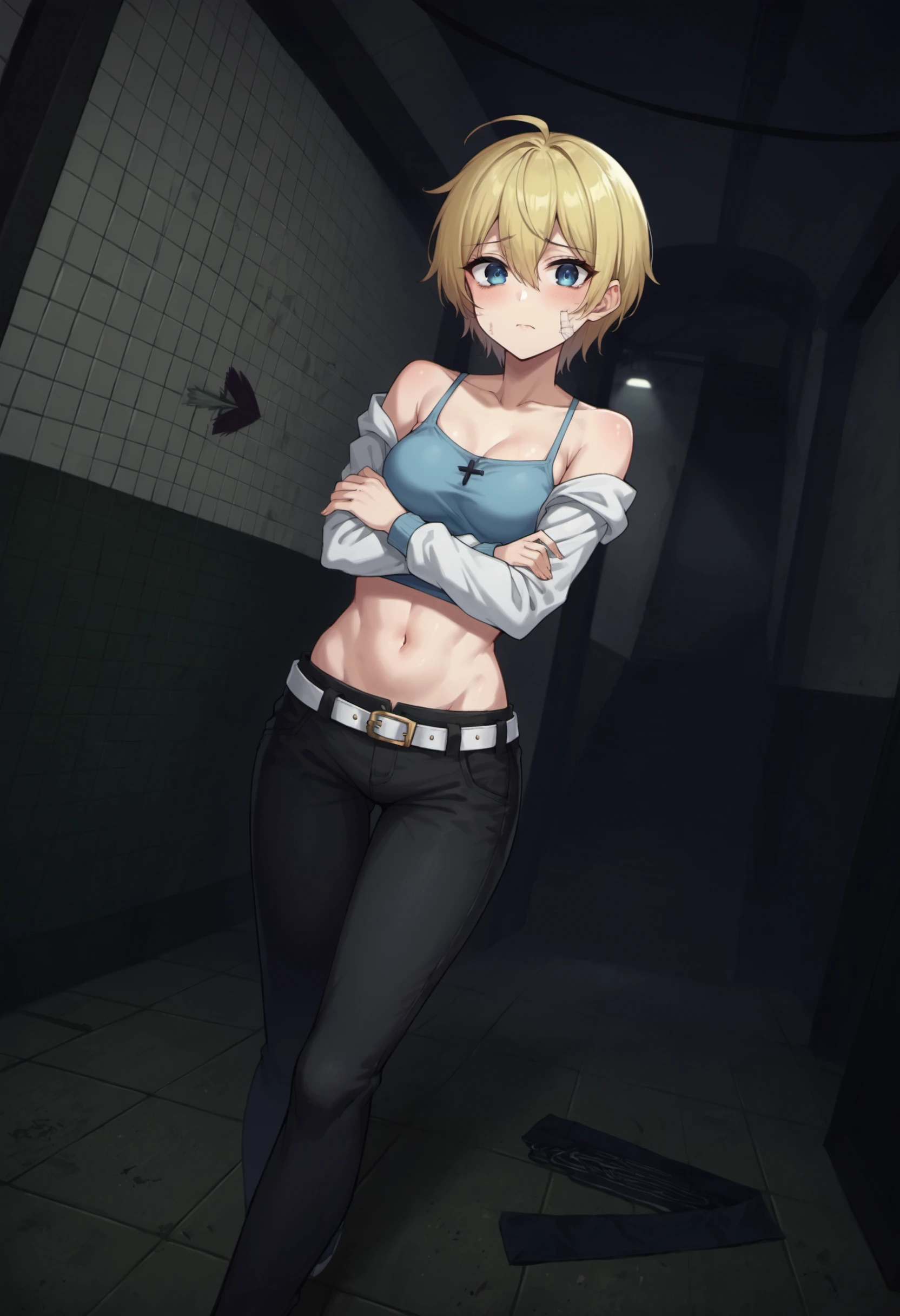 score_9, score_8_up, score_7_up, score_6_up,
BREAK
1girl, blonde hair, short hair, spiked hair, hair between eyes, blue eyes, scared, looking at viewer, small breast, crossed arms, walking, cowboy shot
BREAK
blue camisole, crop top, midriff, navel, black pants, belt, white hoodie, open hoodie, hood down, hoodie pull, bare bare shoulders
BREAK
SGMSubway, indoors, subway station, dark, dim lighting, tiled walls, shadows, urban decay, dirty floor, clutter, industrial, underground, eerie, atmospheric, empty space, empty station, escalator, arrow on wall, tiled floor, messy floor, decayed, damaged walls, peeling paint, neglected, grunge, old infrastructure, metal gate, abandoned, horror \(theme\), dutch angle  <lora:Slashers_Abandoned_Subway_Station_Style_Background:0.8>