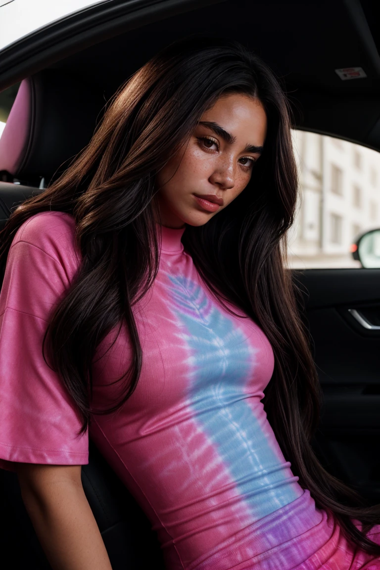 (low-angle shot:1.3) Tower13_Spice (smile:1.3) (skinny, slim, slender, narrow waist:1.3)BREAK (Wearing Magenta Lycra Tie-dye t-shirt in neon colors for a bold and eye-catching look:1.3) BREAK (Inside of a Car , in Europe:1.3) ((Photo Focus, DOF, Aperture, insanely detailed and intricate, character, hypermaximalist, hyper realistic, super detailed, (lens flare)))<lora:exposure_control_v10:-0.2> <lora:more_details:0.3>