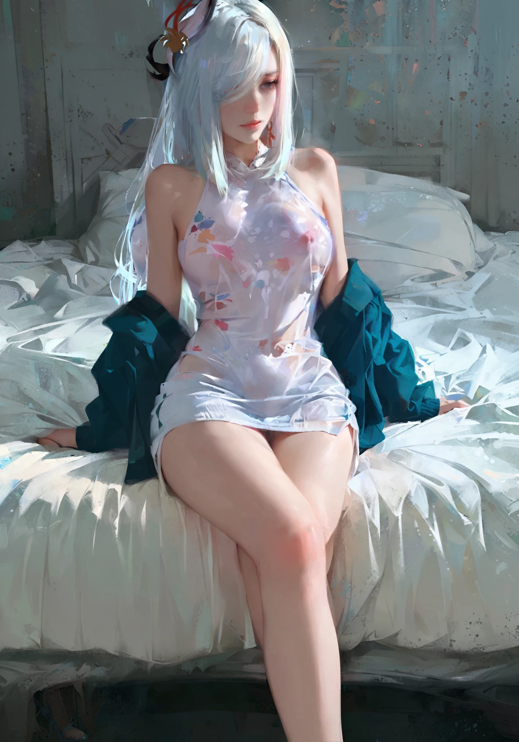 ((Best quality, 8k, Masterpiece :1.3)), Full body, Sharp focus :1.2, Beautiful woman with perfect figure :1.4, Slim stomach :1.2, ((cyan hair, Big breasts :1.2)), body dress : 1.1 , (Night city view, Bedroom :1.1), Highly detailed facial and skin textures, Detailed eyes, Double eyelids, big breasts, White t-shirt with cynix logo, Clean clothes, white t-shirt, exposed cleavage, (Short black pantyhose ), sweet smile, T-shirt, beautiful pose, hair tying pose, (cinematic filter)