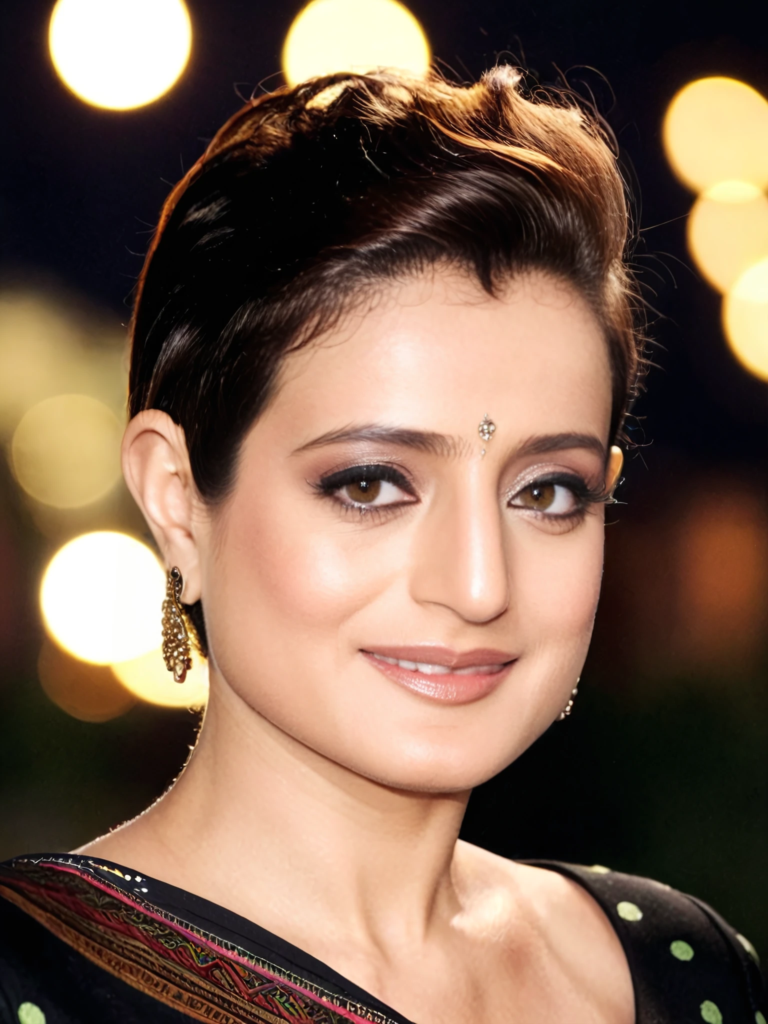 upper body photo of ameesha patel woman, solo, pixie hair cut, smile, looking at the camera,  Sage ethnic clothing, night time, contrasting background bokeh  <lora:Ameesha_Patel_SDXL_LoRA_prodigy_local_xformers:1>