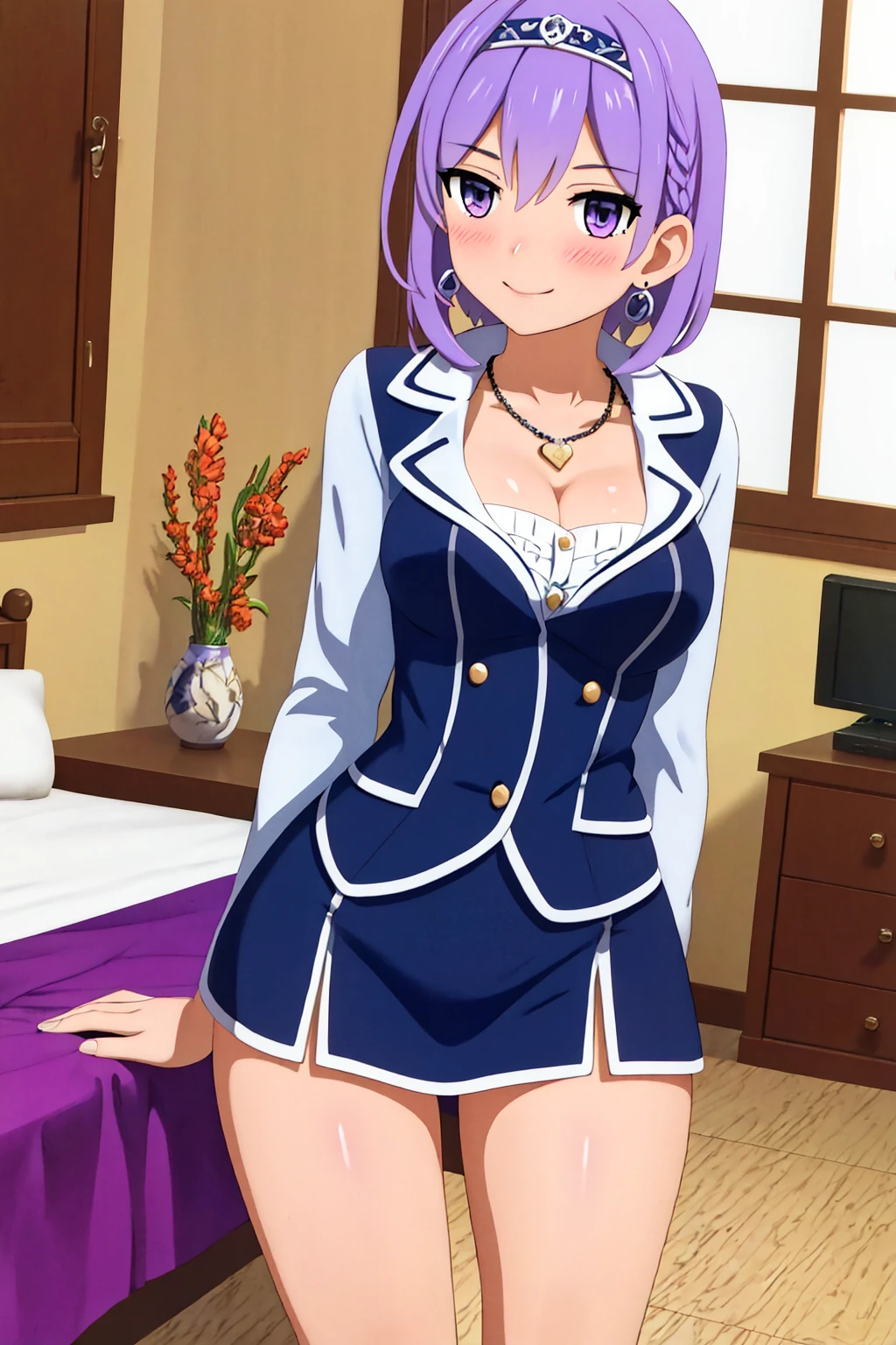 masterpiece, ultra-detailed, best quality, illustration, 8k cg wallpaper, an extremely delicate and beautiful, 1girl, solo, perfect anatomy, cute face, smiling, blushing, sparkling eyes, deep purple eyes, beautiful detailed eyes, lavender hair, short hair, disheveled hair, cute hair accessories, cute earrings, cute necklace, slim body, medium breasts, formal uniform, perfect arms, cute arm accessories, perfect legs, cute, pretty, beautiful, sexy, perfect body, (background: castle bedroom, bed, desk, chair, window, intricately detailed items in background), <lora:WC_SD:1>