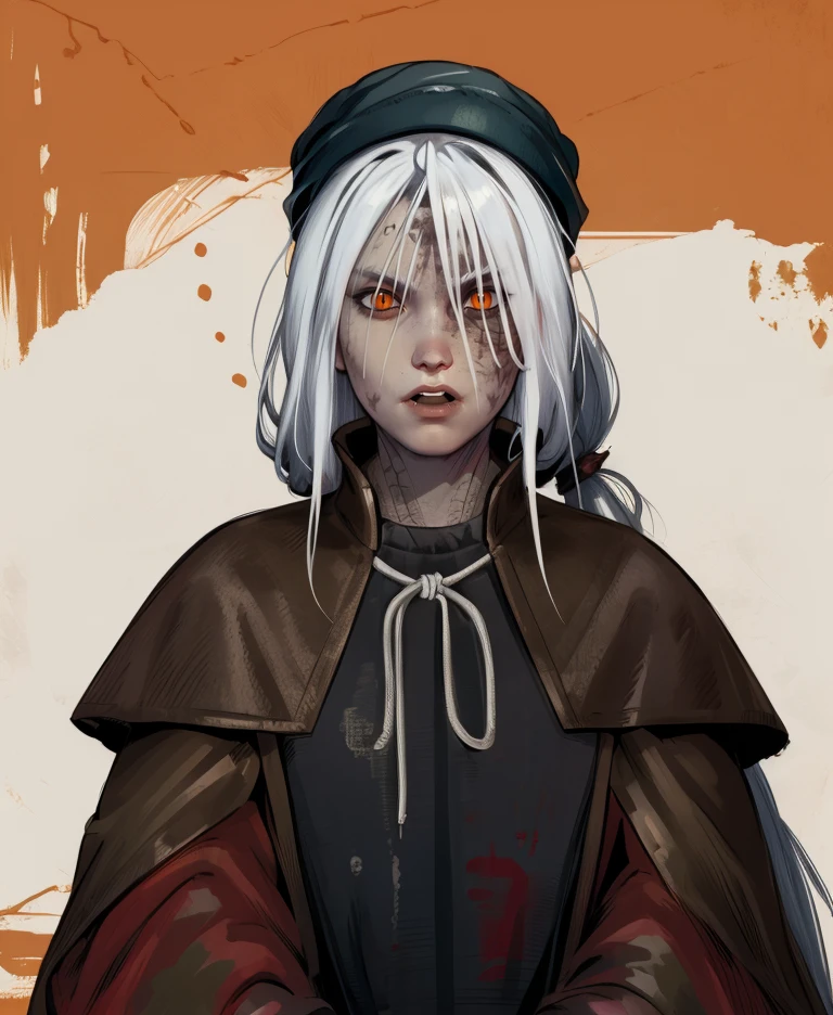 thepinter,orange eyes,slit pupils,white hair,long ponytail,skin scales,facial mark,hat,
robe,capelet,open mouth,fang,upper body,
standing,
(insanely detailed,  masterpiece, best quality),solo,<lora:thepainter-D3a-28:0.9 >,