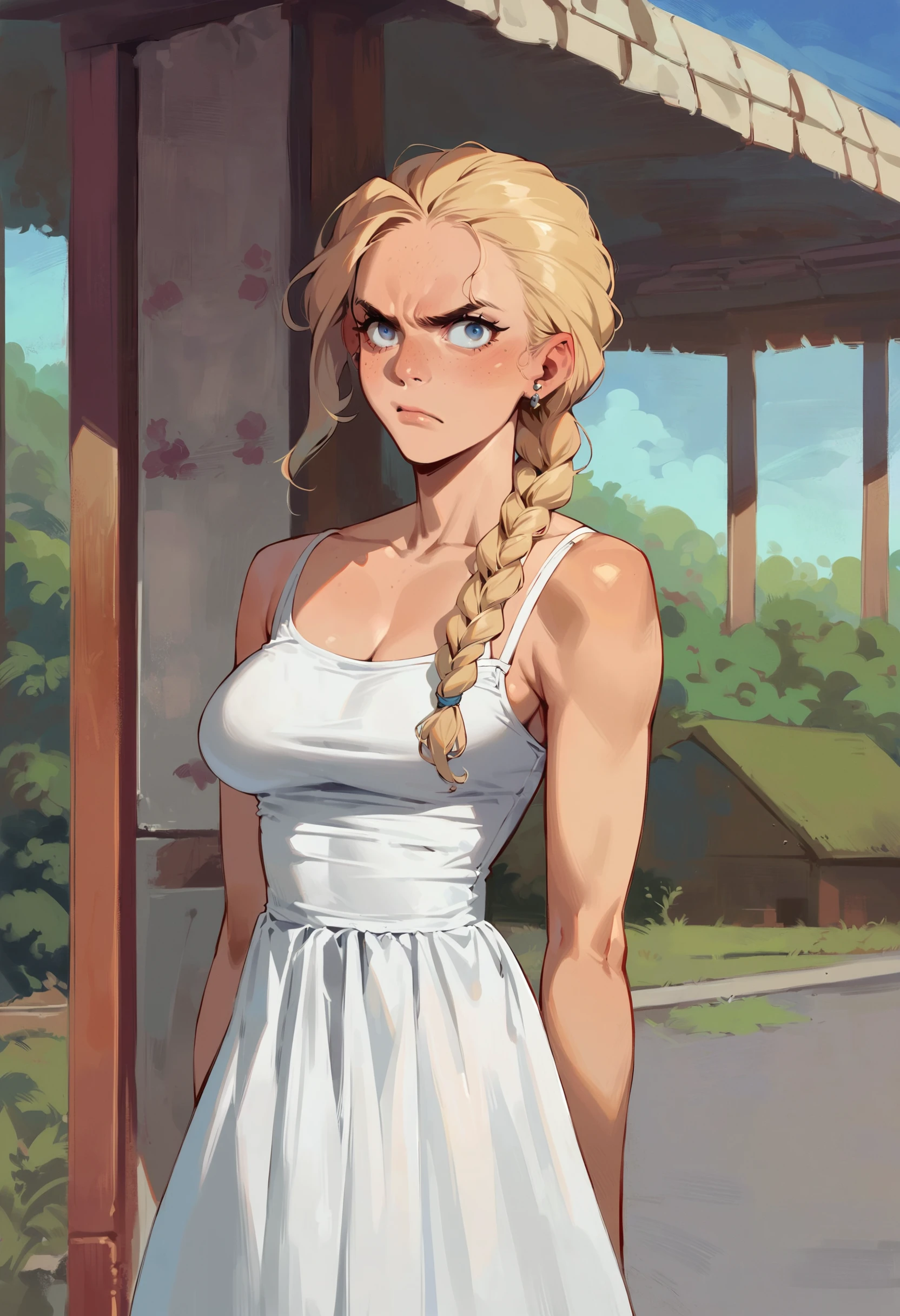 score_9, score_8_up, score_7_up, score_6_up, score_5_up, score_4_up, (masterpiece, best quality, high quality, highres, ultra-detailed), 1girl, cowboy shot, p_e_g, blonde hair, blue eyes, braided ponytail, round face, angry, sundress, ear piercing, <lora:pop-e-girlv07-000005:.9>