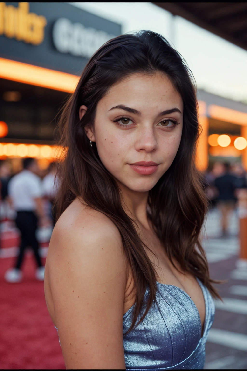 upper body, purple dress,, at a movie premier, red carpet event, long hair <lora:[US]_-_Snarky_Jay:1> mt-snarkyjay, RAW candid cinema, 16mm, color graded portra 400 film, remarkable color, ultra realistic, textured skin, remarkable detailed pupils, realistic dull skin noise, visible skin detail, skin fuzz, dry skin, shot with cinematic camera