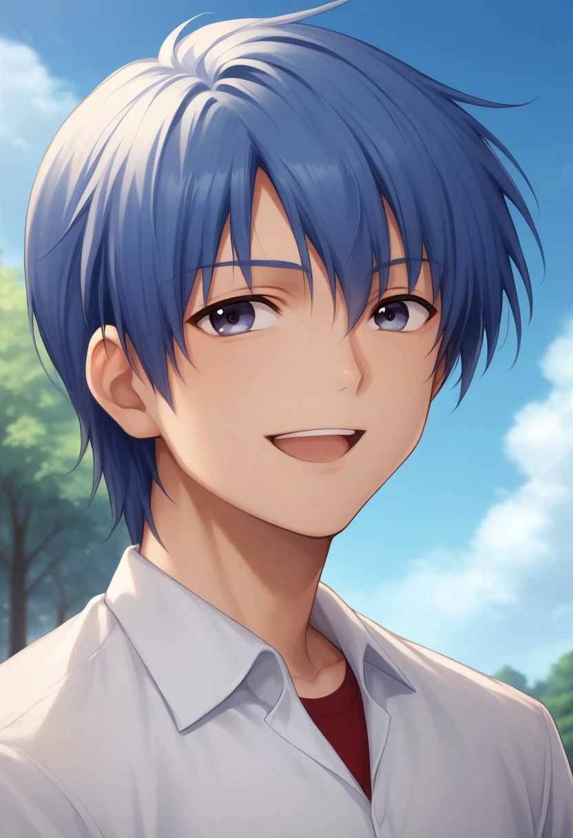 score_9, score_8_up, score_7_up, source_anime, highly detailed, 
hideki, 1boy, solo, male focus, blue hair, sky, cloud, day, shirt, blue sky,
blue eyes, open mouth, smile, white shirt,
outdoor, sky, blue sky, tree