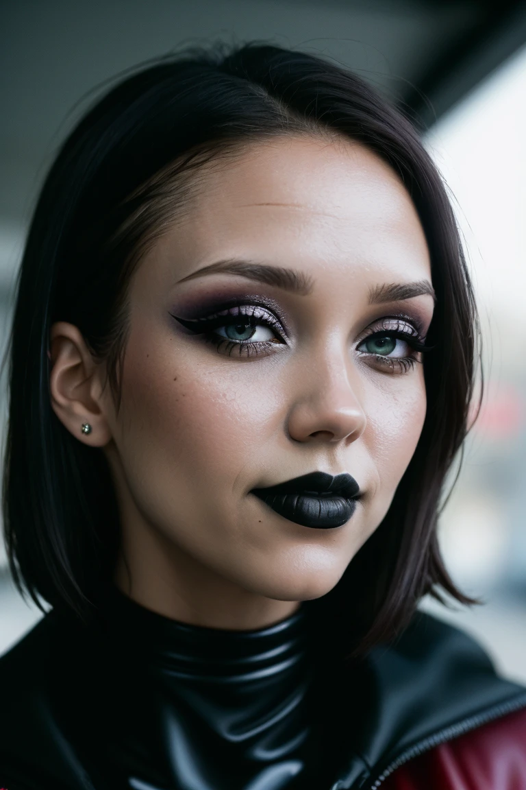 jessicaalba, ((red lipstick, blush)),((detailed skin, detailed face, detailed eyes, beautiful eyes)), ,photo of a woman, RAW, close portrait photo, ((black bodysuit, cape)),((short hair, dark red hair)), ((outdoors, detailed scifi city, walking)), slim body, 8k uhd, dslr, soft lighting, high quality, film grain, Fujifilm XT3 sharp focus, f 5.6,((black lipstick, heavy eyeliner, heavy eye shadow, goth makeup, pale skin)) , smiling