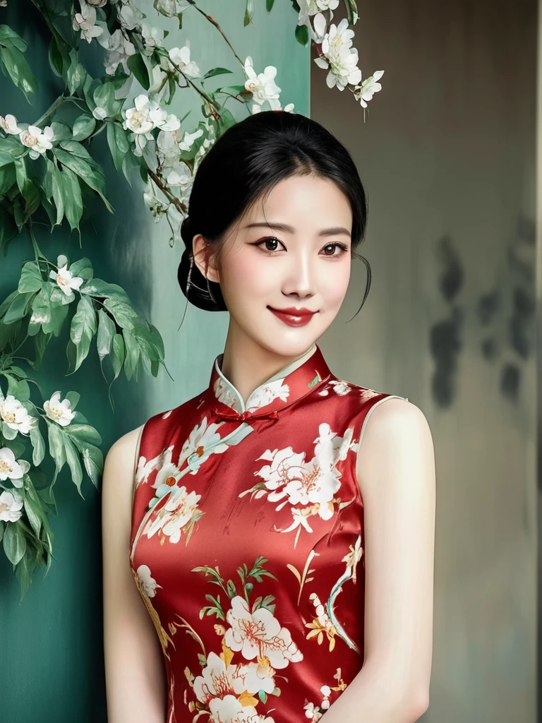 A girl, half body photo, facing the camera, smiling, wearing a qipao, classical atmosphere, high-definition realism, 8k, photo level realism