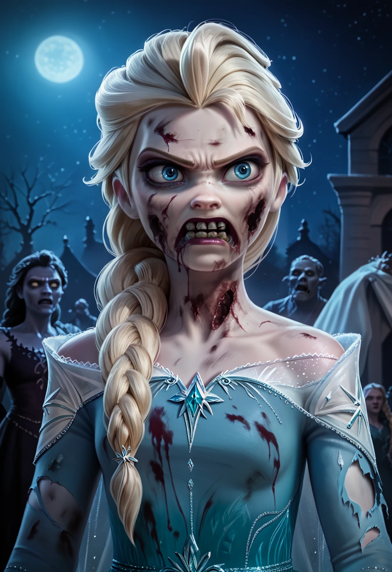 score_9, score_8_up, score_7_up, rating_safe, concept art, digital art, realistic,
zombie, blood, teeth,
1girl, elsa \(frozen\), blonde hair, long hair, blue eyes, single braid,
dress,(torn clothes:1.3),
angry, standing, outdoors, night, night sky, dark background <lora:Concept Art Ultimatum Style LoRA_Pony XL v6:1> <lora:ZombieXL:1.5>   <lora:ElsaXL:1>