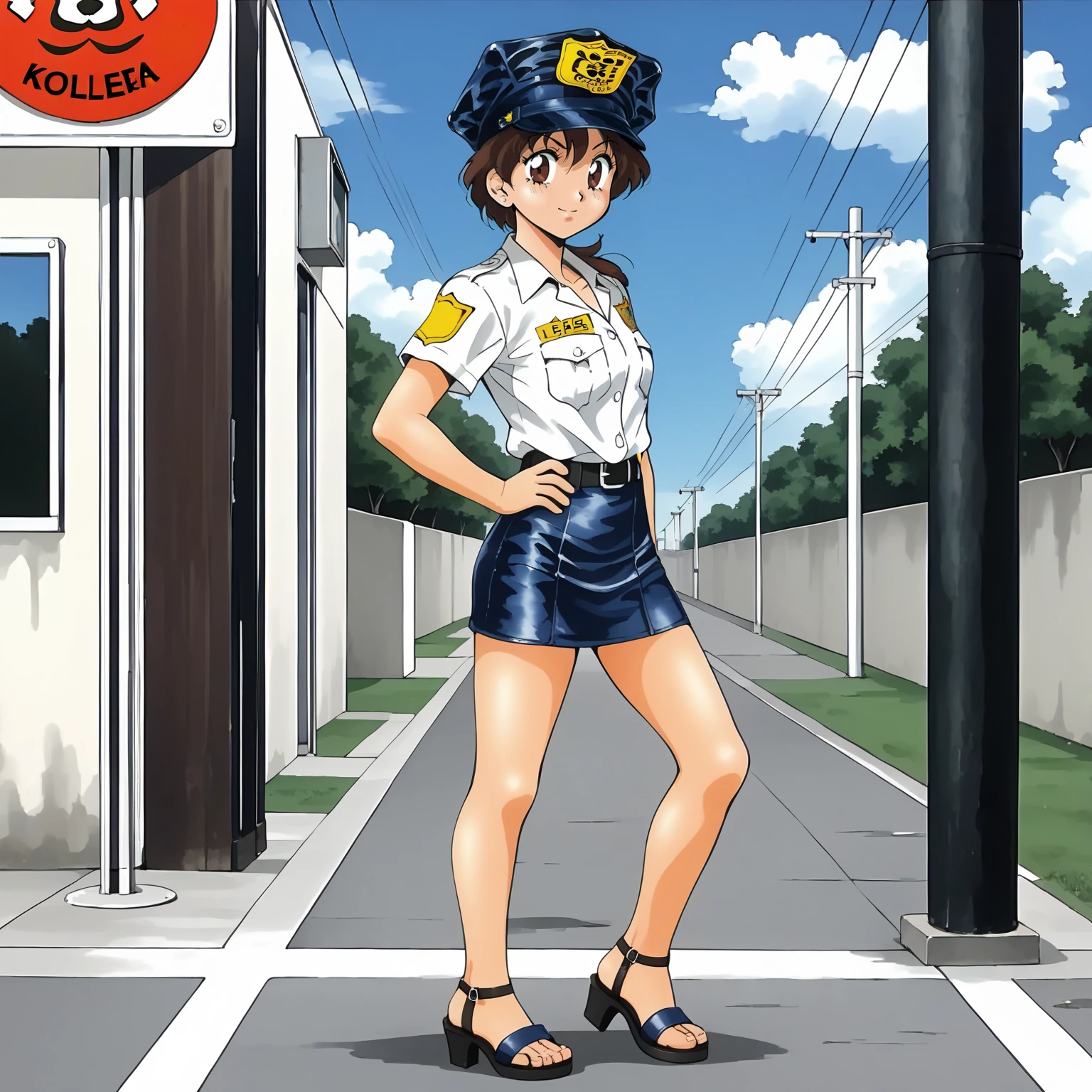 <lora:SMPKyokoSakuradaXLpony001>,
solo,
KyokoSakurada,1girl,brown hair,low ponytail,brown eyes,
police hat,
white shirt,short_sleeves,
mini skirt,
sandals,high_heels,
outdoors,
full body,standing,