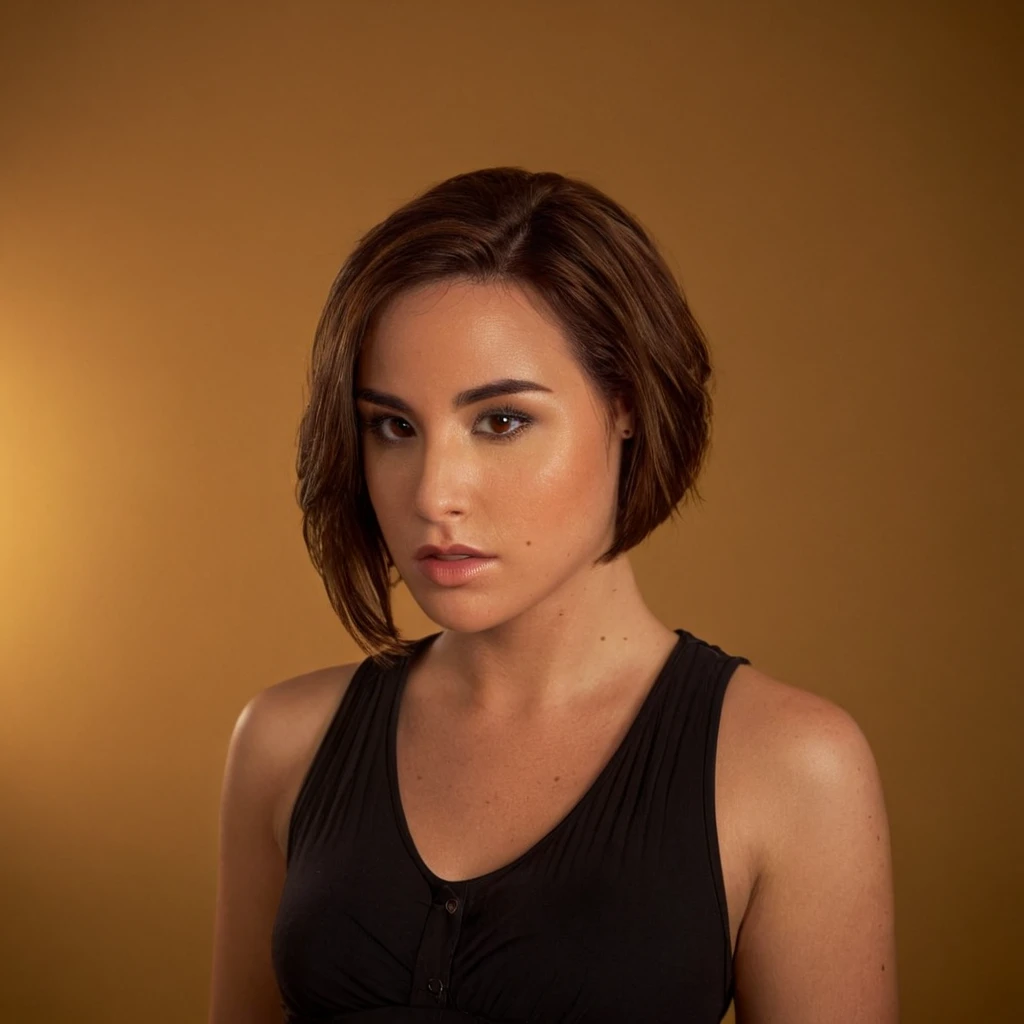 cinematic film still of <lora:Allison Scagliotti:0.9>
<lora:perfection style:0.5> perfection style
<lora:TeethXL:1>
Allison Scagliotti a woman in a black dress posing for a picture, movie themed, sharp, detailed, epic cinematic photography, artistic, dramatic light, cinematic color style, Allison Scagliotti style, 1girl, solo, breasts, looking at viewer, short hair, brown hair, brown eyes, jewelry, upper body, earrings, dark skin, dark-skinned female, lips, makeup, yellow background, freckles, realistic, simple background, sleeveless, mole, piercing, shallow depth of field, vignette, highly detailed, high budget, bokeh, cinemascope, moody, epic, gorgeous, film grain, grainy