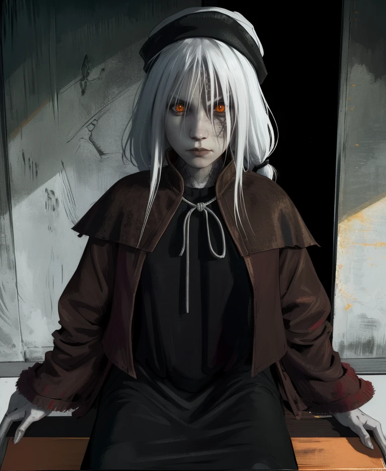 thepinter,orange eyes,slit pupils,white hair,long ponytail,pale skin,scales,facial mark,
black dress,red caplet,long sleeves,hat,looking at viewer,close up,
dark,on stool,  dim lighting, 
(insanely detailed,  masterpiece, best quality),solo,<lora:thepainter-D3a-28:0.8>,