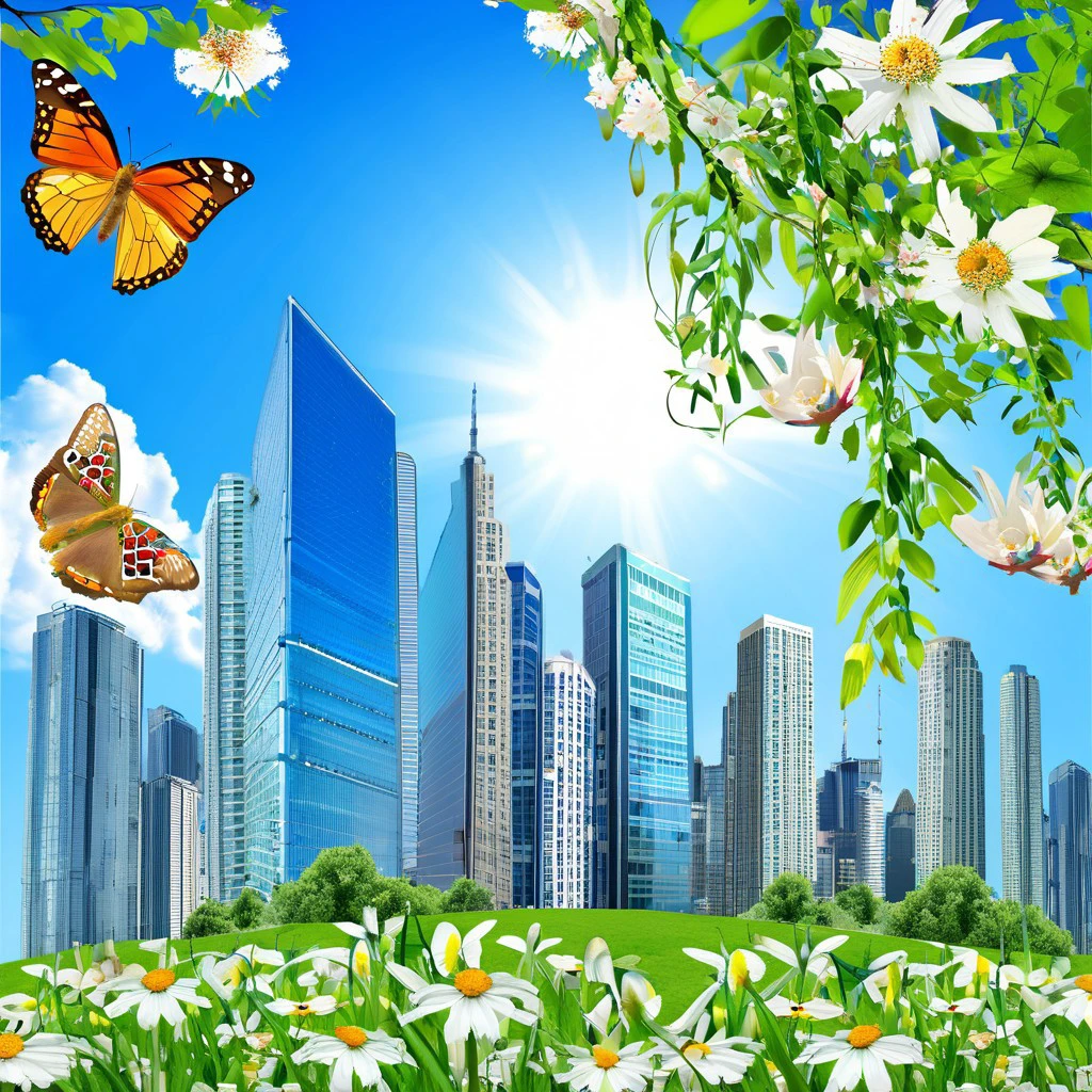 blue sky, skyline, skyscrapers, buildings, globe, trees, flowers, butterflies, sun, bokeh, UHD, 8K, high resolution, ultra detailed