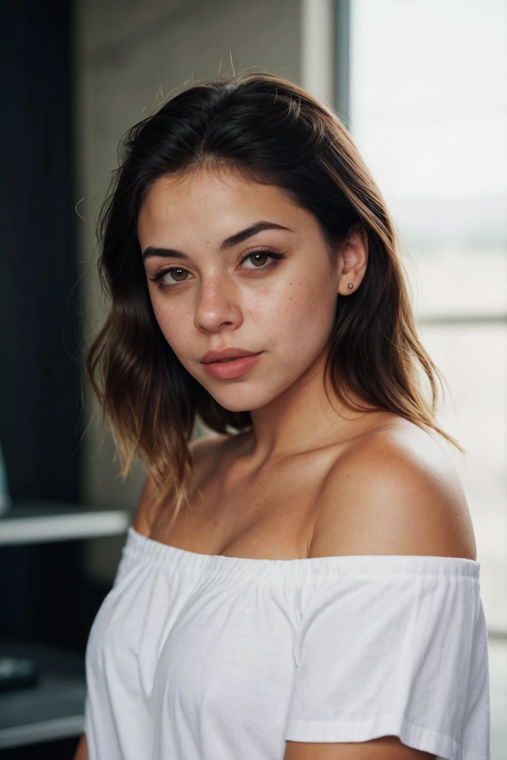 beautiful woman in dark studio, wearing white off-shoulder_shirt, youtuber, presenting <lora:[US]_-_Snarky_Jay:1> mt-snarkyjay, RAW candid cinema, 16mm, color graded portra 400 film, remarkable color, ultra realistic, textured skin, remarkable detailed pupils, realistic dull skin noise, visible skin detail, skin fuzz, dry skin, shot with cinematic camera