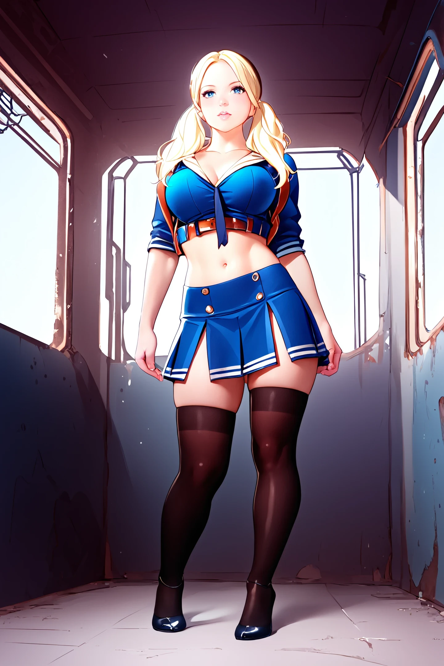 sapbd costume, blue crop top and skirt, thighhighs, blond, midriff,  <lora:babydoll_sapbd_costume:1>
large breasts, 
Post-apocalyptic wasteland and rusted structures at background,
illustration of woman standing. professional. high quality. highres, full body. beautiful. young. cartoon
score_9, score_8_up, score_7_up, score_6_up