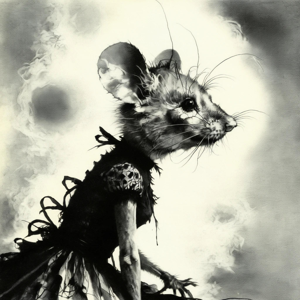 <lora:Stephen Gammell (artist) SDXL-000001:1>, by Stephen_Gammell_(artist), Stephen Gammell style,monochrome,greyscale,  (solo:1.5), (fluffy:0.8), (feral:1.5), furry, (((mouse))), female, claws, (fluffy cheeks:0.5), (dress), j_cartoon, cute, (head focus, side view, portrait:1.5), (art nouveau:1.2), fca style