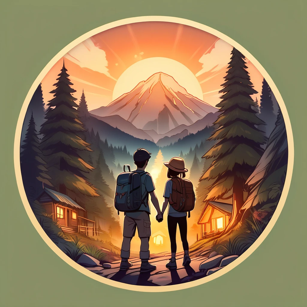 masterpiece，best quality,
circle icon, content in the circle icon, outdoor at twightlight, a family do a crush, enchanted forest, hiker,mountain air