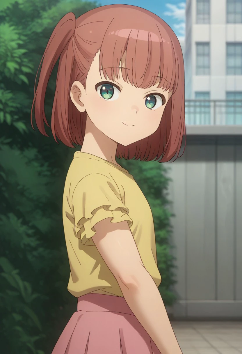 score_9, score_8_up, score_7_up, source_anime, highly detailed, 
kokoro, 1girl, solo, skirt, pink skirt, yellow shirt, shirt, one side up, upper body, hort sleeves, standing, looking at viewer, bangs, red hair, short hair, 
outdoor,