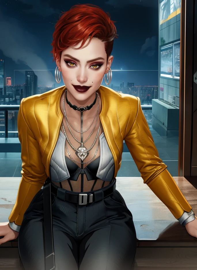 aurore,brown eyes,red hair,short hair,
makeup,choker,belt,hoop earrings,yellow jacket,necklace,fishnet top,looking at viewer,black pants,
light smile,
sitting,
science fiction,night,night club,
(insanely detailed, masterpiece, best quality),solo,<lora:aurorecassel:0.8>,