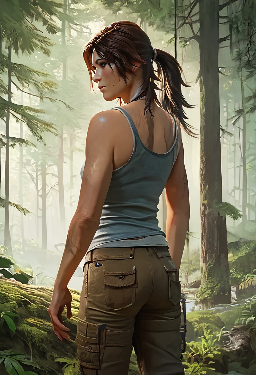 score_9, score_8_up, score_7_up, lara croft, from behind, looking back, light blue tank top, brown pants, forest, moss covered tree trunks, sunlight <lora:LaraCroft2013:1>