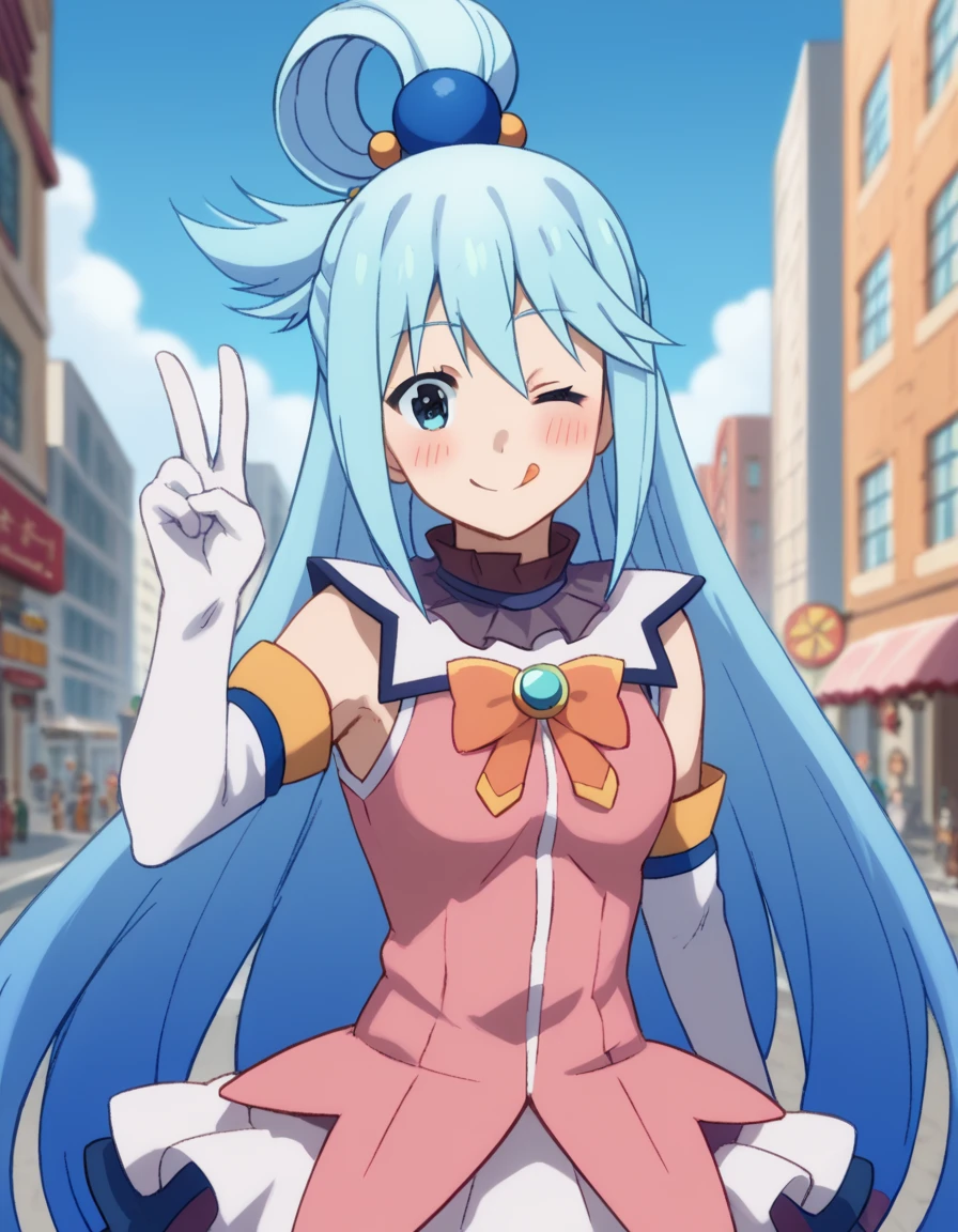 score_9, score_8_up, score_7_up, source_anime, konosubaaqua, <lora:konosuba-aqua-s2-ponyxl-lora-nochekaiser:1>, aqua (konosuba), long hair, blue eyes, hair ornament, very long hair, blue hair, hair rings, single hair ring, hair bobbles,, <lora:prisma-illya-cosplay-ponyxl-lora-nochekaiser:1>, prismaillyacosplay, prisma illya \(cosplay\), dress, elbow gloves, feather hair ornament, feathers, frilled dress, frills, gloves, hair ornament, layered gloves, magical girl, orange ascot, pink dress, pink feathers, pink gloves, pink sleeves, white gloves,, cityscape, street, smile, blush, v, v over eye, one eye closed, tongue out,, cowboy shot, dutch angle, solo,