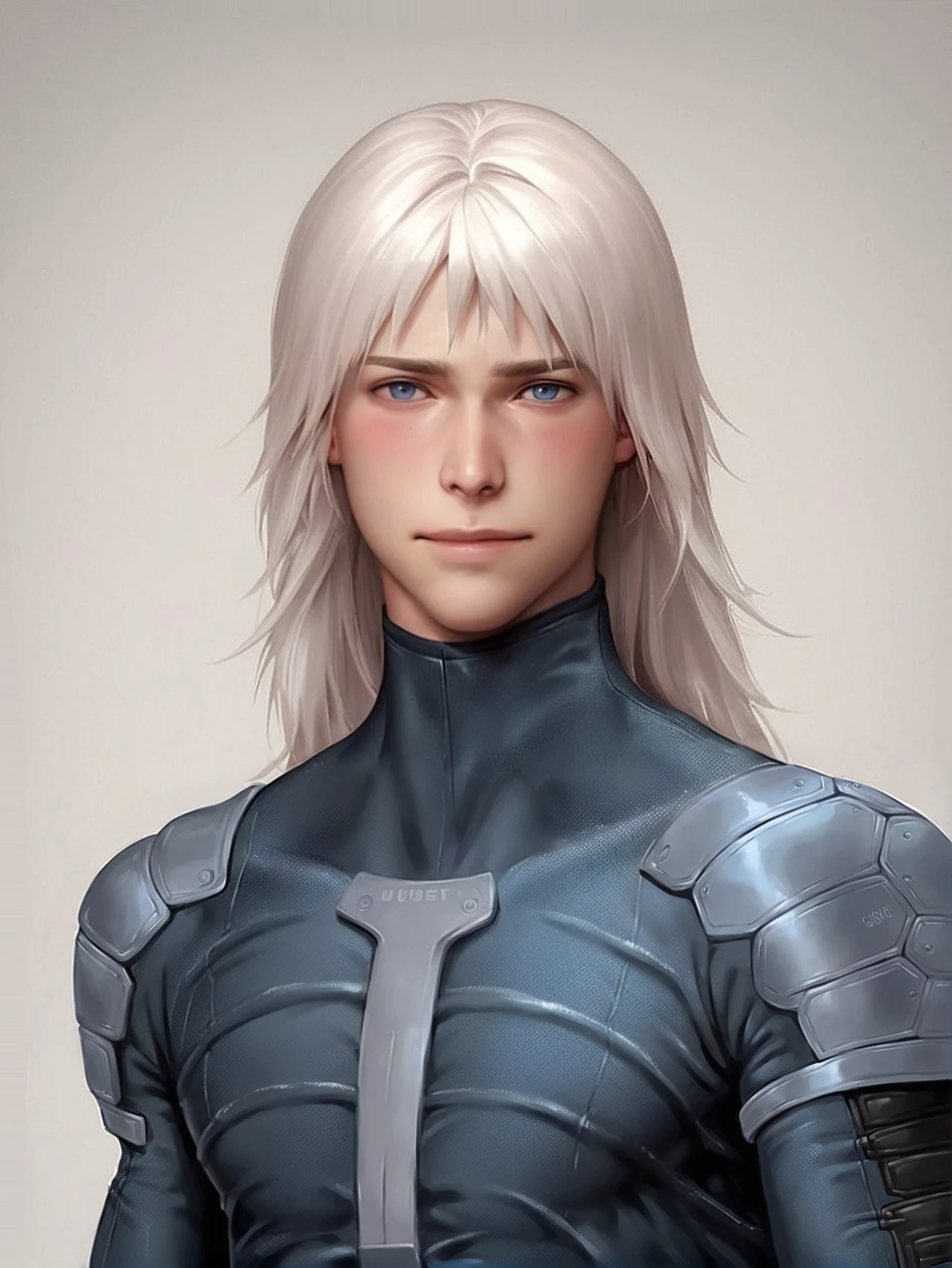 score_9, score_8_up, score_7_up, score_6_up, realistic, source_anime, yaoi, ((portrait:1.1)), ((young boy:1.1)), source_anime, realistic, 1boy, closeup, raiden_a, solo, white hair, ((long hair:1.1)), blue eyes, armor, rib cage in armor, bodysuit, (armor:1.1), blush, shy, smile, looking at viewer, (skinny:1.1)  , ((facing viewer:1.45))    <lora:Raiden_a-000001:0.9>