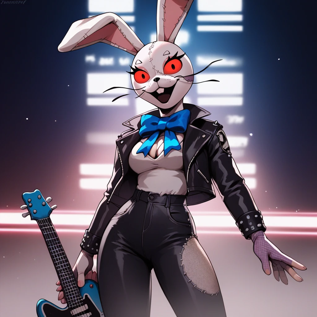 score_9,score_8_up,score_7_up,score_6_up,source_anime,rating_questionable, 1girl,solo, cowboy shot,rockstar, playing electric guitar, glamour rock, glamrock, neon stage, leather jacket, leather pants, cleavage, <lora:Vanny_-_FNAF:0.8> vanny_fnaf, rabbit costume, red eyes, furry, stitches, blue bow,, zPDXL2,