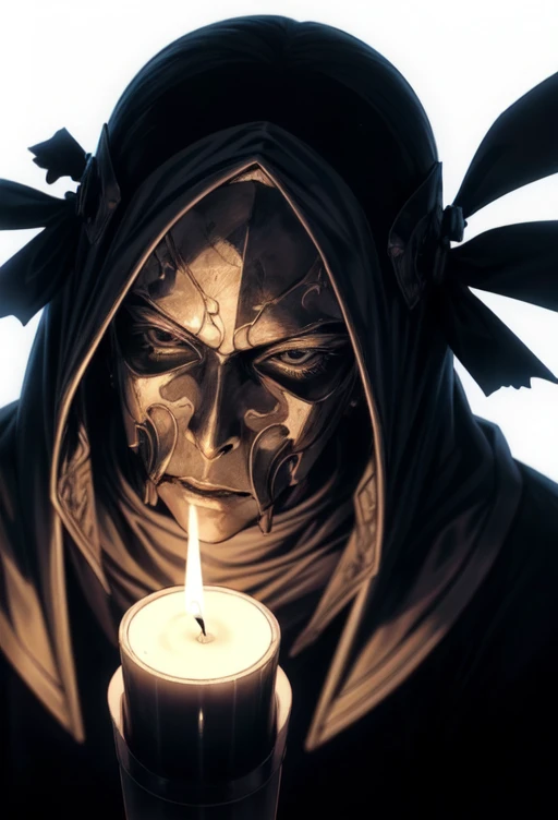 (Silhouette Art), breathtaking manga, close up bronze mask covering a bloody face, black background, steam, candle light