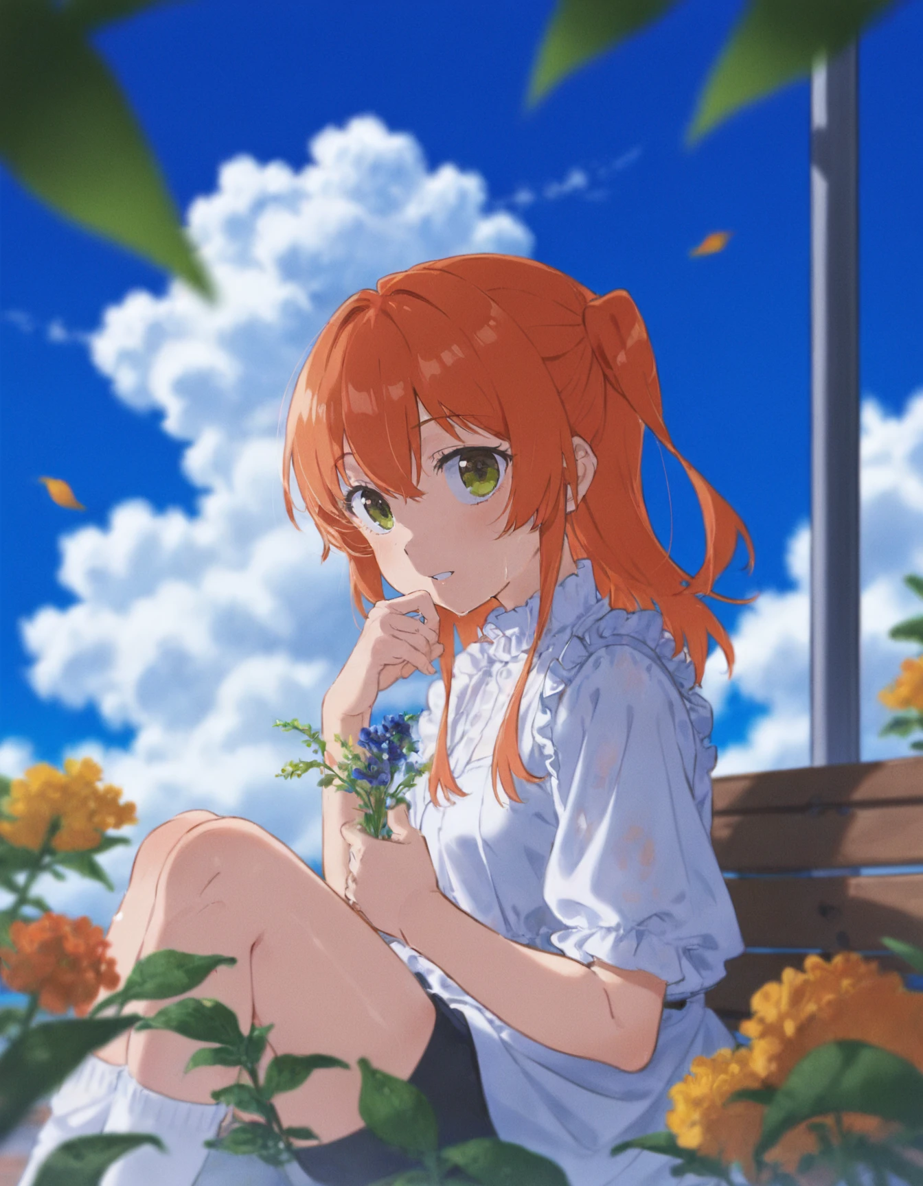 a girl sitting on a bench with flowers, 1girl, kita ikuyo, blue sky, cloudy, <lora:yoneyama_mai:0.7>