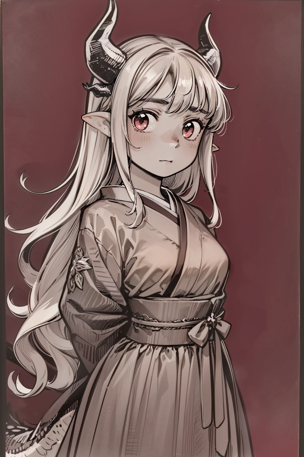 <lora:add_detail:0.7>, (masterpiece, top quality, extremely detailed, best quality, intricate details, beautiful and aesthetic:1.3), (1girl:1.3), (solo:1.3), <lora:akai-mi+NAI1-000009:1> akai-mi+, chibi, tareme, pointy ears, wide-eyed, (simple background, black border, pink theme, limited palette:1.4), monochrome, jaggy lines, hatching \(texture\), japanese clothes, kimono, haori, yagasuri, dragon horns, dragon tail, dragon girl, retriever hair, very long hair, ringlets, arms behind back,