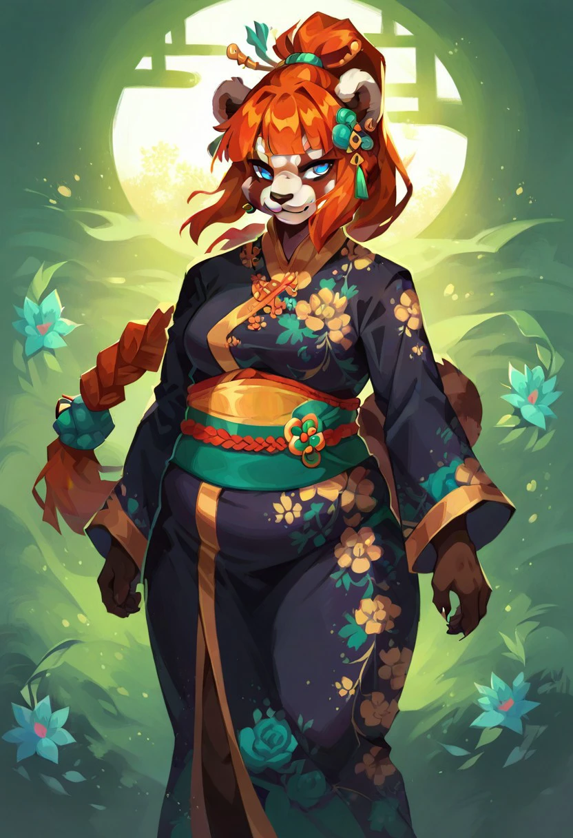 score_9, score_8_up, 1girl, solo, overweight anthro, female pandaren, red pandaren, blue eyes, blunt bangs, ginger hair, high ponytail braid, hair ornament, gold earrings, black kimono, teal floral print, teal trim