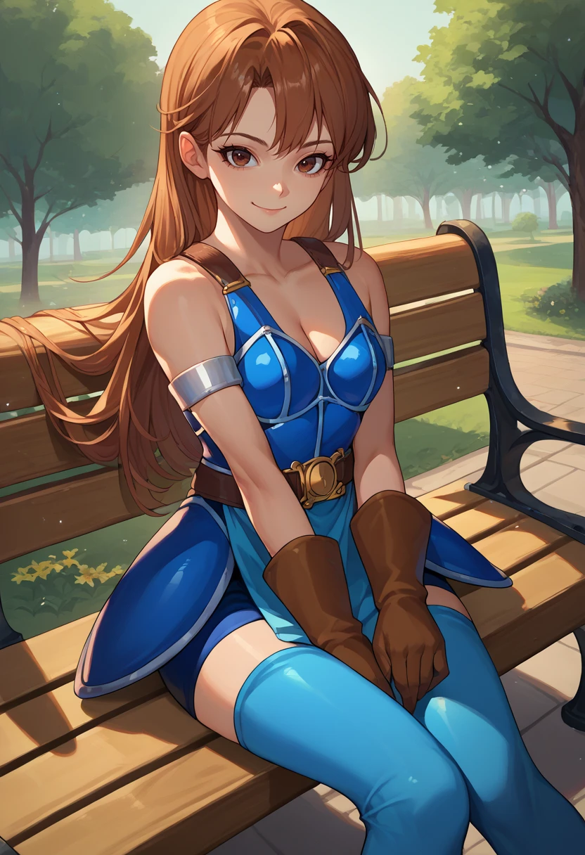 score_9, score_8_up, score_7_up, source_anime, solo, 1girl, dqdaisy, smile, looking at viewer, sitting, park bench, brown hair, brown eyes, blue armor, belt, armlet, brown gloves, blue thighhighs, bare shoulders, cleavage, outdoors <lora:dq_daisy_ponyXL-000008:1>