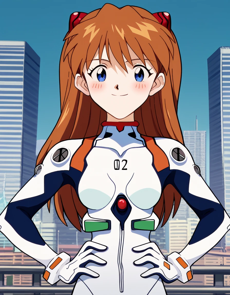 score_9, score_8_up, score_7_up, source_anime, asukalangleysoryu, <lora:asuka-langley-soryuu-classic-ponyxl-lora-nochekaiser:1>, asuka langley soryu, long hair, bangs, blue eyes, brown hair, hair ornament,, <lora:rei-ayanami-cosplay-ponyxl-lora-nochekaiser:1>, reiayanamicosplay, ayanami rei \(cosplay\), bodysuit, headgear, plugsuit, white bodysuit,, outdoors, cityscape, smile, blush, hands on hips,, cowboy shot, dutch angle, solo,