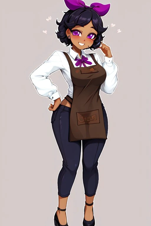 LotusCrushCrush, 1girl, solo, short hair, white shirt, black hair, long sleeves, purple eyes, hair ribbon, hair bow, collared shirt, pants, dark skin, apron, dark-skinned female, purple bow, brown apron, large breasts, thick thighs, simple background, full body, looking at viewer, (HD, 4K, High quality),