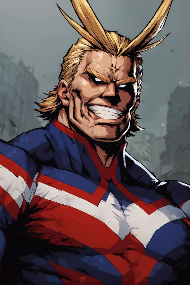 score_9, score_8_up, score_7_up, source_anime, source_explicit
all-might, blonde hair, grin, antenna hair, superhero, muscular, body suit, male focus, solo, close up, dark eyes, rough shadows
<lora:detailed_notrigger:1><lora:All_Might_-_Boku_No_Hero_-_My_Hero_Academia:1> <lora:twilight:1>