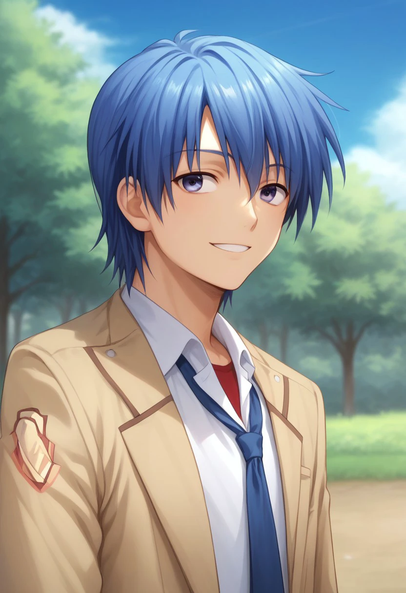 score_9, score_8_up, score_7_up, source_anime, highly detailed, 
hideki, 1boy, male focus, school uniform, solo, blue hair, blue eyes,
shinda sekai sensen uniform, smile,
outdoor, sky, blue sky, tree