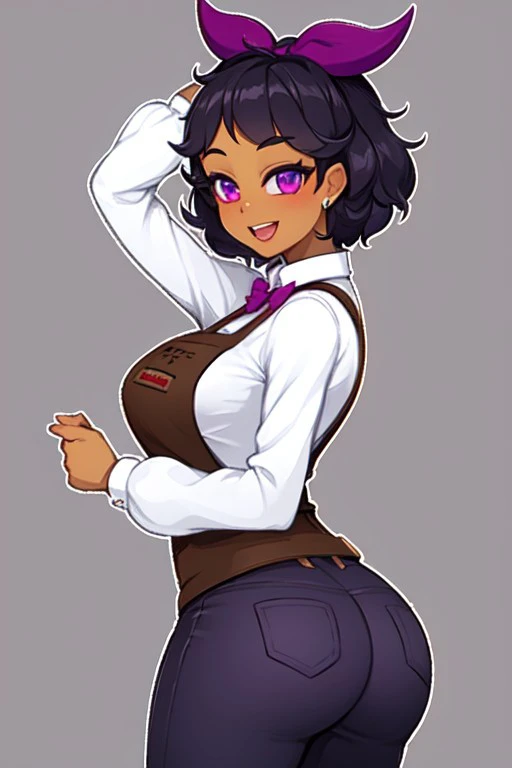 LotusCrushCrush, 1girl, solo, short hair, white shirt, black hair, long sleeves, purple eyes, hair ribbon, hair bow, collared shirt, pants, dark skin, apron, front apron, dark-skinned female, purple bow, brown apron, large breasts, thick thighs, thick ass, simple background, looking back at viewer, (HD, 4K, High quality),