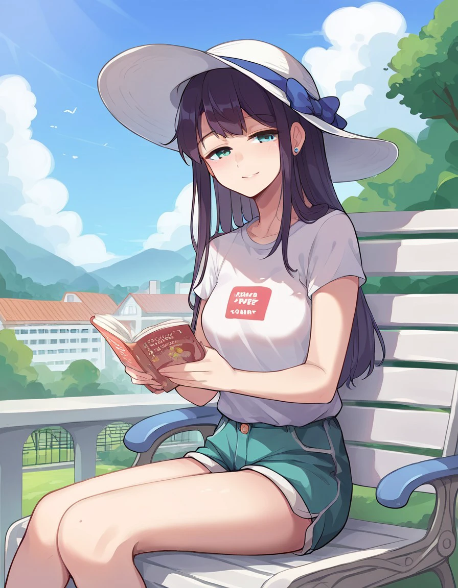 score_9, score_8_up, score_7_up, source_anime, rating_safe, folait, outside, apartment building exterior, sitting on lawnchair, reading magazine, 1woman, t-shirt, shorts, summer, hot, slight smile, half-closed eyes, summer hat