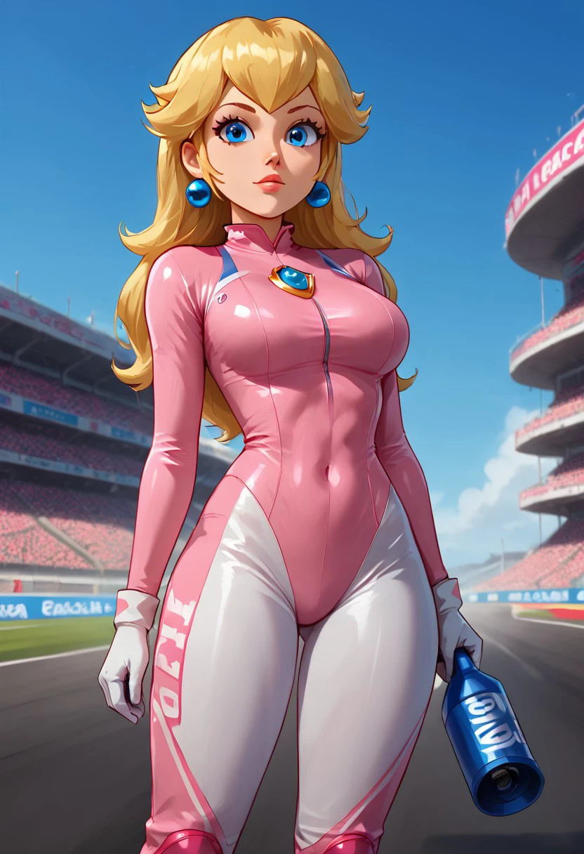 Blonde hair, shoulder length hair, wavy locks of hair, locks around the face, light skin, blue eyes, pink tight racing jumpsuit with white details, pink racing gloves, high pink racing boots, gem brooch blue on the chest, blue earrings, blue gem