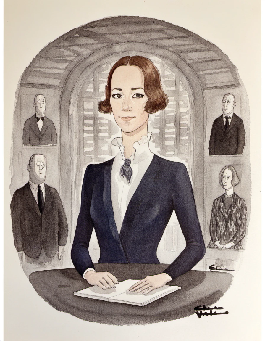 a cartoon portrait of karine-vanasse in the style of charles-addams