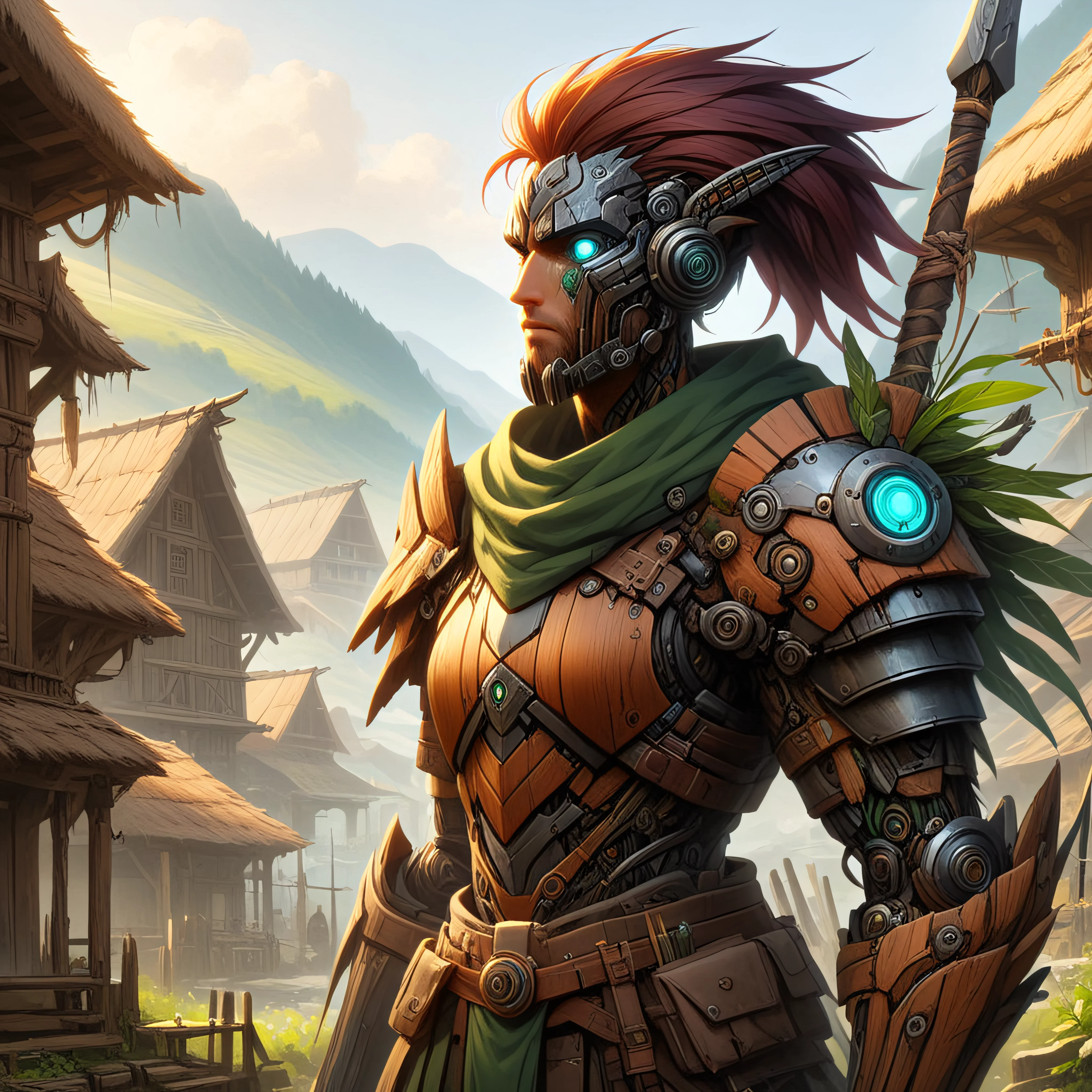 NaturePunk, A spear warrior, wooden and stone arms, armor naturepunk style, village background, pretty face, naturepunk tech warrior