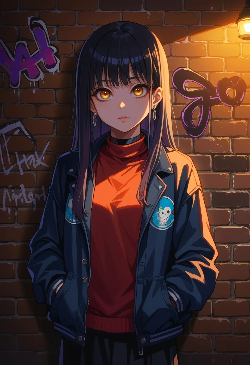 score_9, score_8_up, source_anime, 1girl, solo, YotsuyaMiko, bangs, long hair, earrings, sharp eyes, choker, neon shirt, open jacket, turtleneck sweater, night, against wall, brick wall, graffiti, dim lighting, alley, looking at viewer, <lora:ChamYotsuyaMikoPonyXL:1>