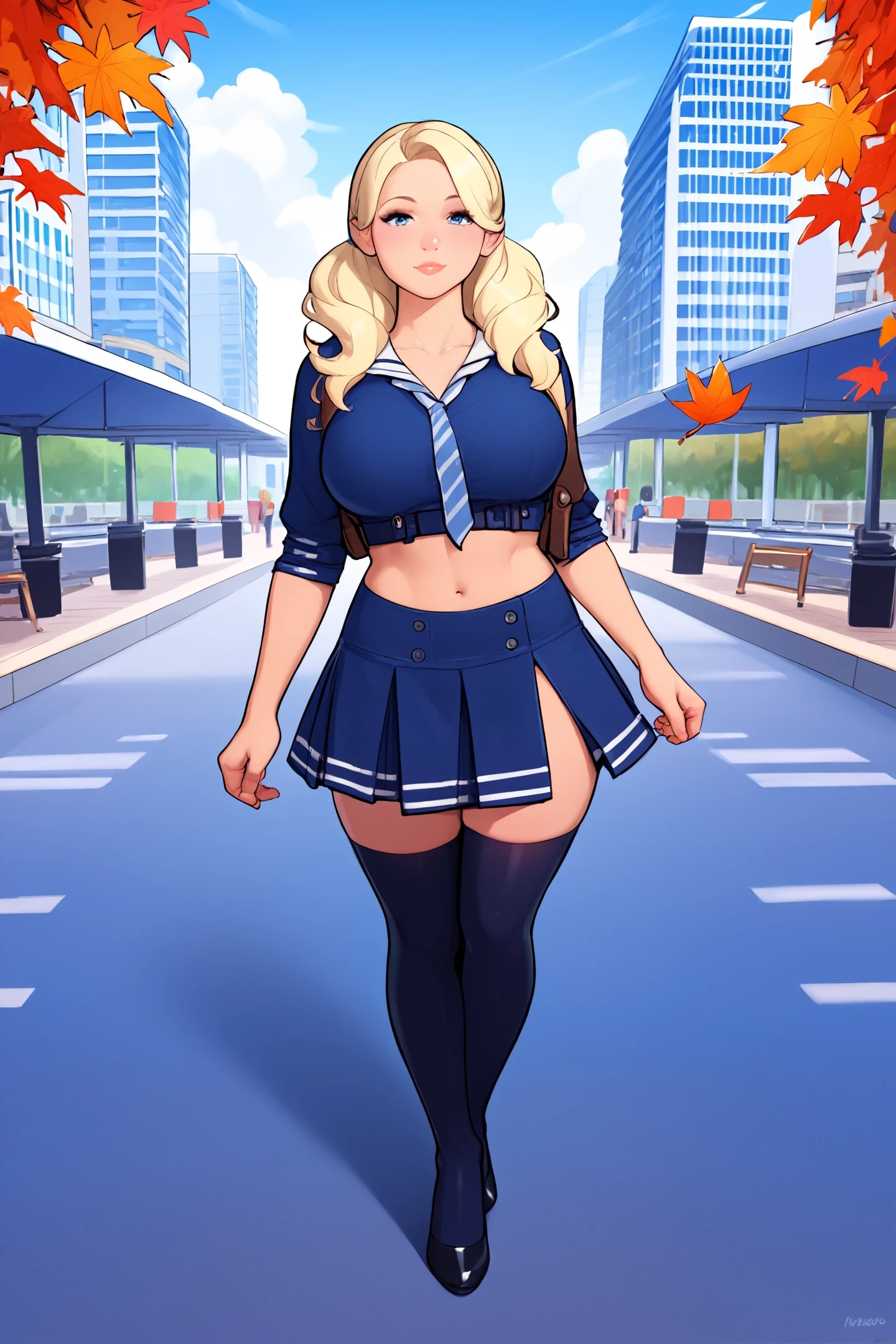 sapbd costume, blue crop top and skirt, thighhighs, blond, midriff,  <lora:babydoll_sapbd_costume:1>
large breasts, 
City park and autumn leaves falling at background,
illustration of woman standing. professional. high quality. highres, full body. beautiful. young. cartoon
score_9, score_8_up, score_7_up, score_6_up