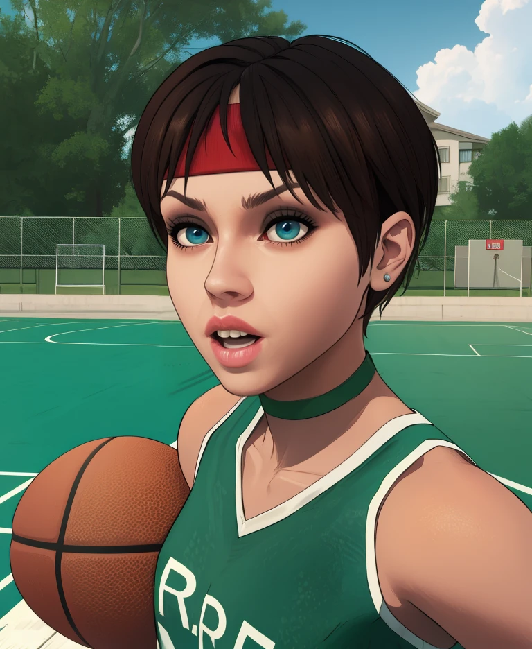 rebbecca,blue eyes,brown hair,short hair,
green shirt,sleeveless,green choker,red headband,
basketball court,outdoors, R.P.D, 
(insanely detailed,  masterpiece, best quality),solo,<lora:RebbeccachamberSP:0.9>,