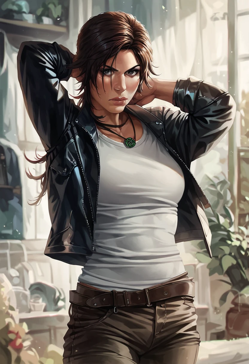 score_9, score_8_up, score_7_up, score_6_up, score_5_up, lara croft, black leather jacket, white t-shirt, cowboy shot <lora:LaraCroft2013:0.7>