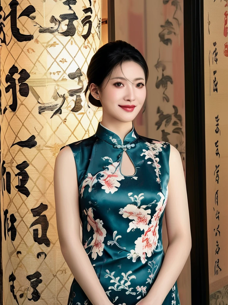 A girl, half body photo, facing the camera, smiling, wearing a qipao, classical atmosphere, high-definition realism, 8k, photo level realism